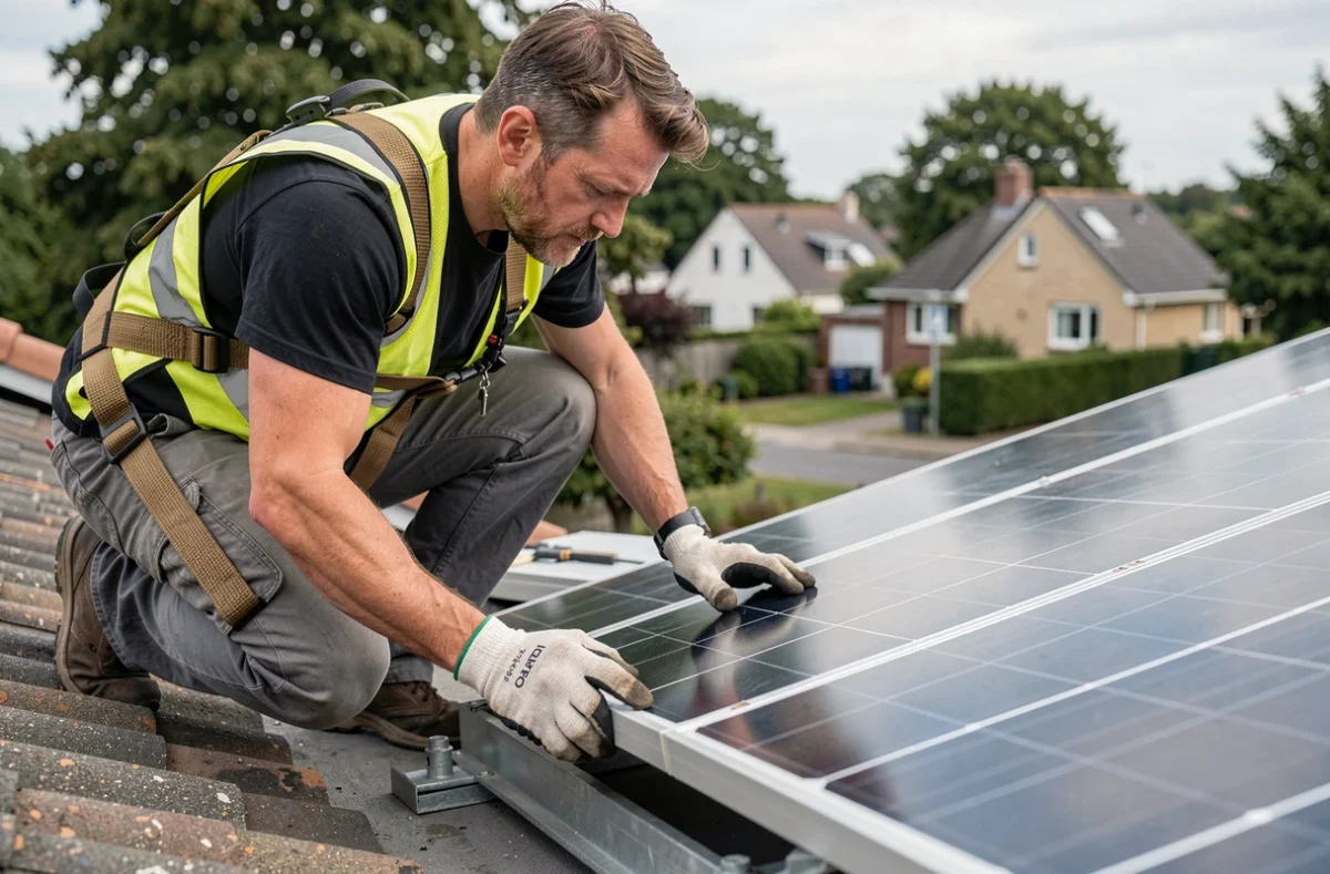Installateur QualiPV de Tecni Cap Ouest Caudan alignant des panneaux solaires sur un toit résidentiel