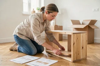 Femme assemblant un meuble étagère en bois de style scandinave Sklum dans un salon contemporain, test de montage et de finition