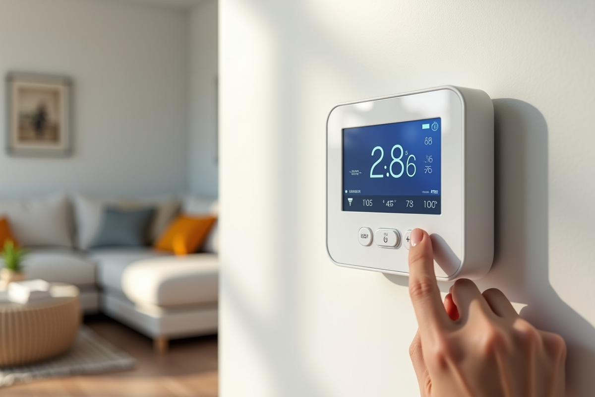 Thermostat digital moderne dans un salon lumineux