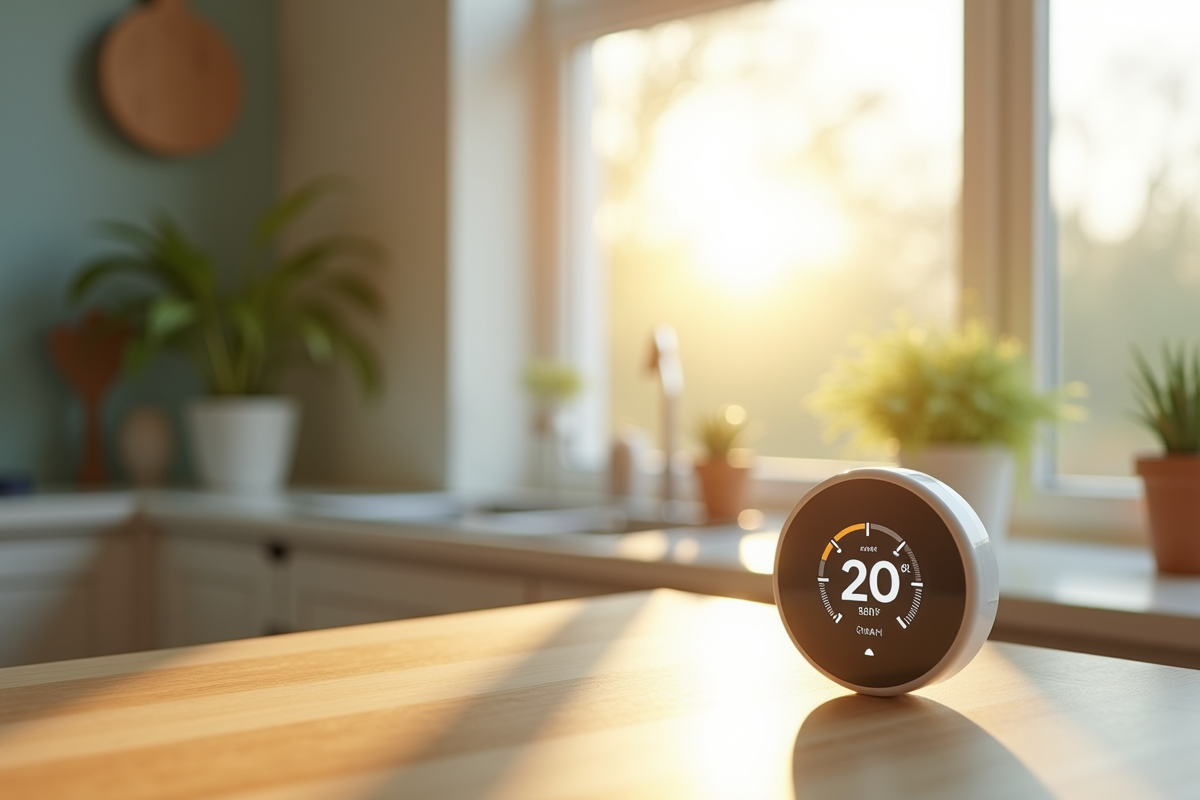 Thermostat numérique exposé au soleil dans une cuisine lumineuse