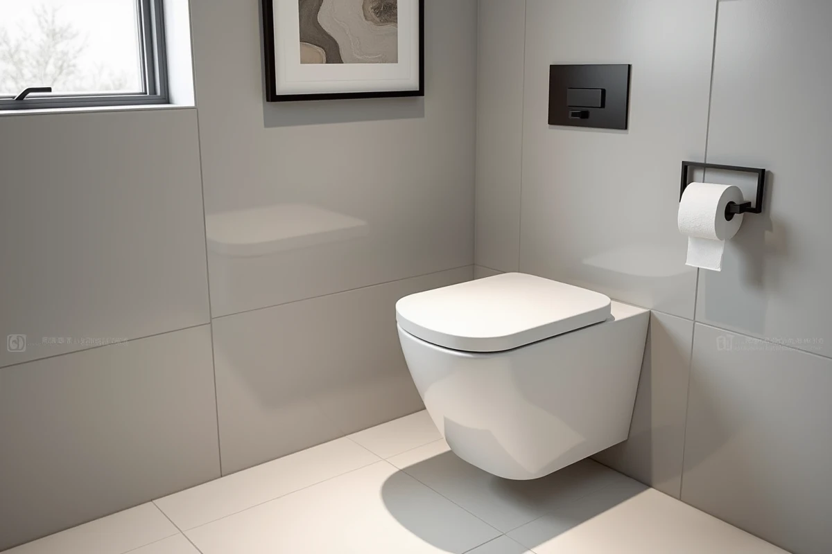 Toilette suspendue encastrée dans un mur de carrelage gris mat avec plaque de déclenchement et décoration épurée