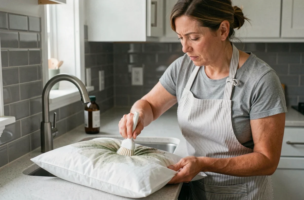 Femme appliquant du vinaigre blanc sur une taie d'oreiller tachée de moisissures au-dessus d'un évier de cuisine