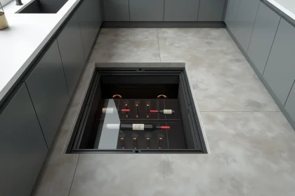 Trappe de cave en verre encastrée dans un sol en béton ciré d'une cuisine contemporaine minimaliste, révélant une cave à vin en dessous