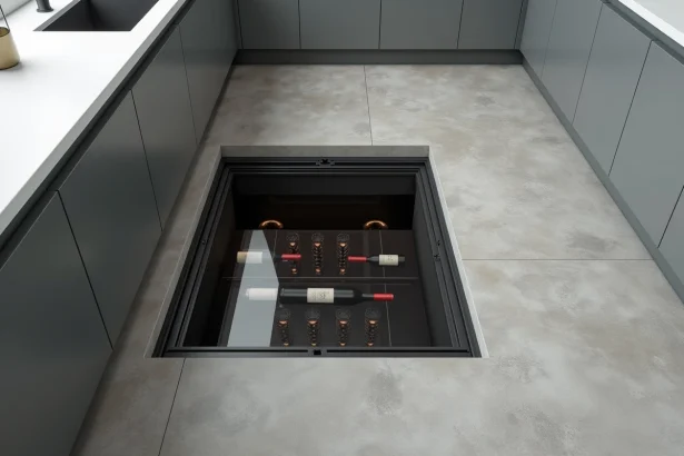 Trappe de cave en verre encastrée dans un sol en béton ciré d'une cuisine contemporaine minimaliste, révélant une cave à vin en dessous