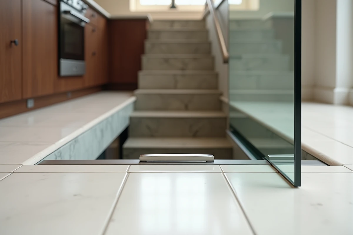 Gros plan sur la poignée encastrée d'une trappe cave en verre dans une cuisine moderne avec carrelage blanc grand format
