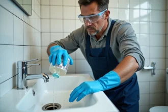 Homme utilisant de l'acide chlorhydrique pour déboucher un évier de salle de bain avec équipements de protection