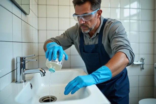 Homme utilisant de l'acide chlorhydrique pour déboucher un évier de salle de bain avec équipements de protection