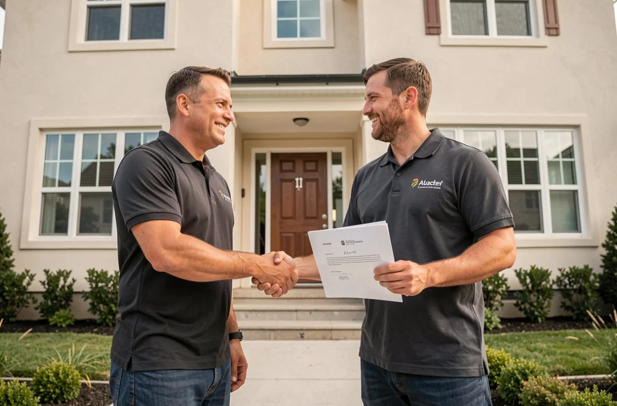 Poignée de main entre un client et un artisan après la validation réussie de travaux de rénovation