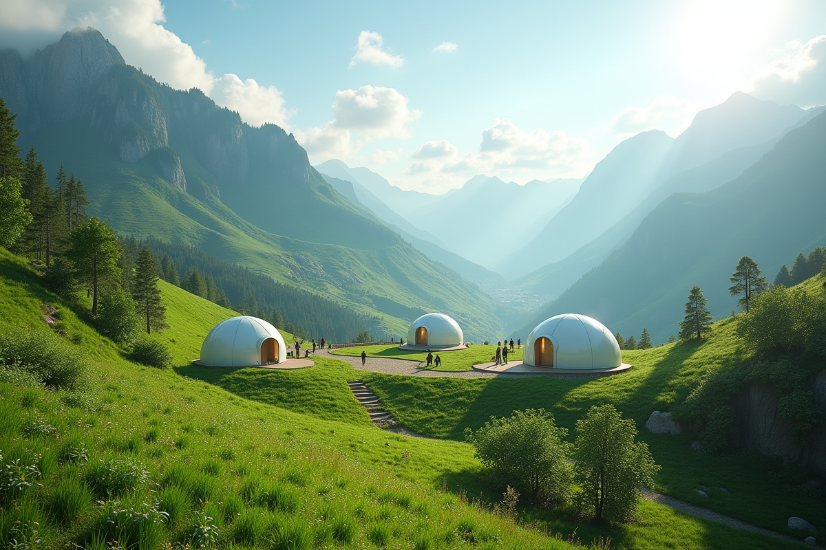Vallée verte avec dômes écologiques et personnes prêtes à déménager