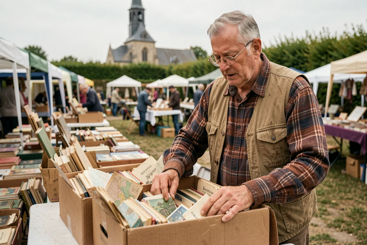 Vendeur retraité triant des livres anciens et des cartes postales sur son stand de vide-grenier en Deux-Sèvres