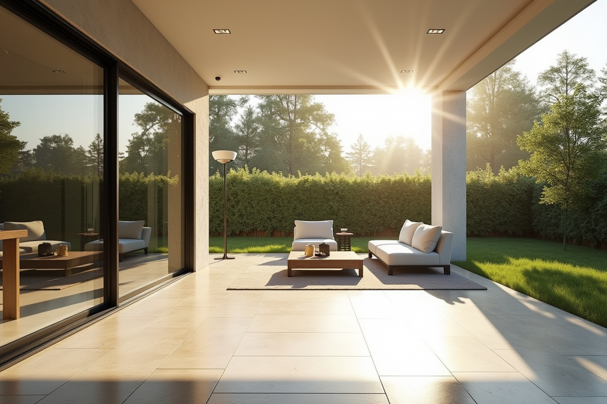 Veranda lumineuse moderne avec jardin et mobilier élégant