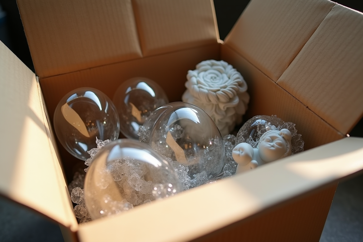 Verres et figurine fragile dans un carton sans protection
