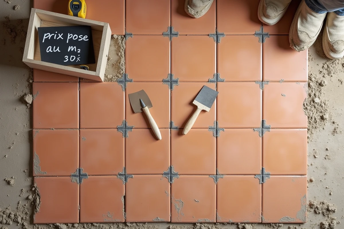 Vue aérienne d'un sol en cours de carrelage avec tarif de pose au m2 écrit sur une ardoise dans une cuisine en rénovation