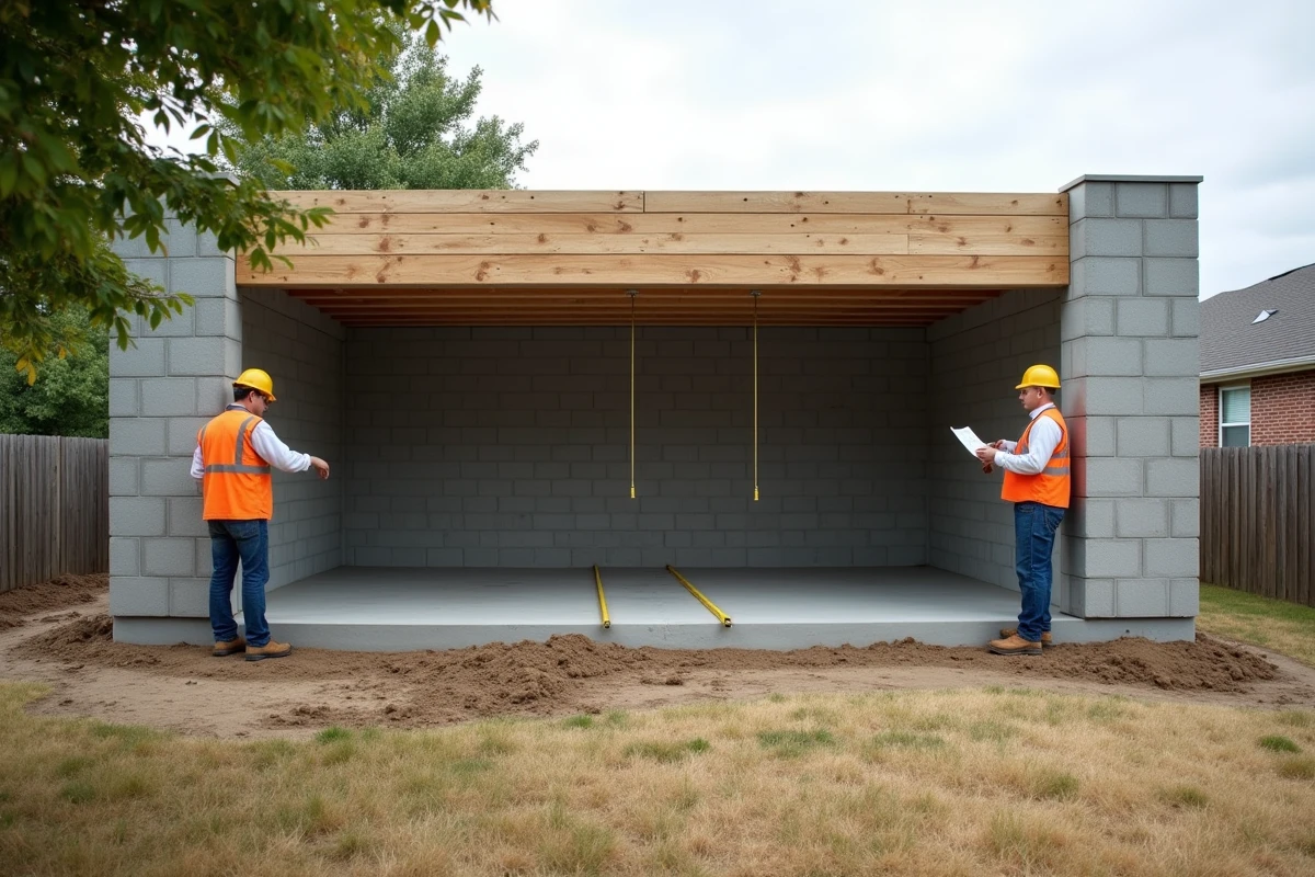 Vue d'ensemble d'un garage en parpaings en cours de construction avec deux ouvriers mesurant et planifiant les travaux