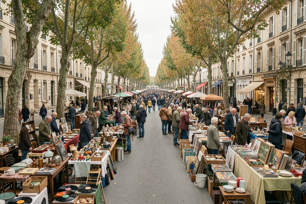 Vue panoramique d'un grand vide-grenier en plein air dans une rue pavée d'une ville du Deux-Sèvres