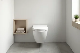 WC suspendu minimaliste dans une salle de bain en béton ciré avec étagère en bois et plante verte