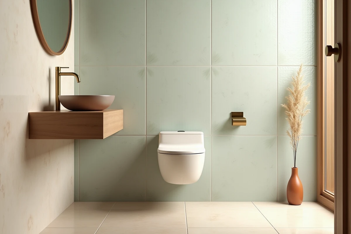 WC suspendu dans une salle de bain minimaliste avec carrelage zellige blanc, sol en calcaire et décoration naturelle en herbe de pampa